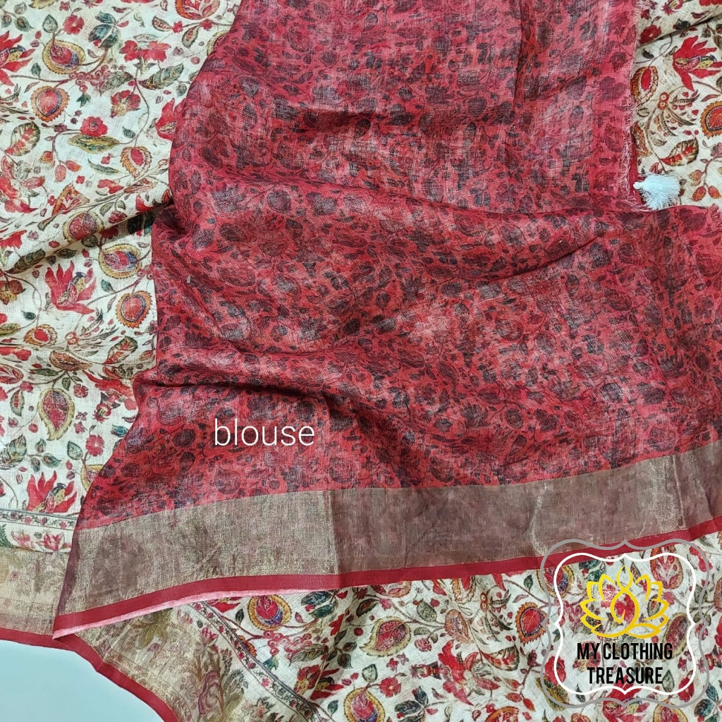 Pure Linen Kalamkari Saree In Soft Beige