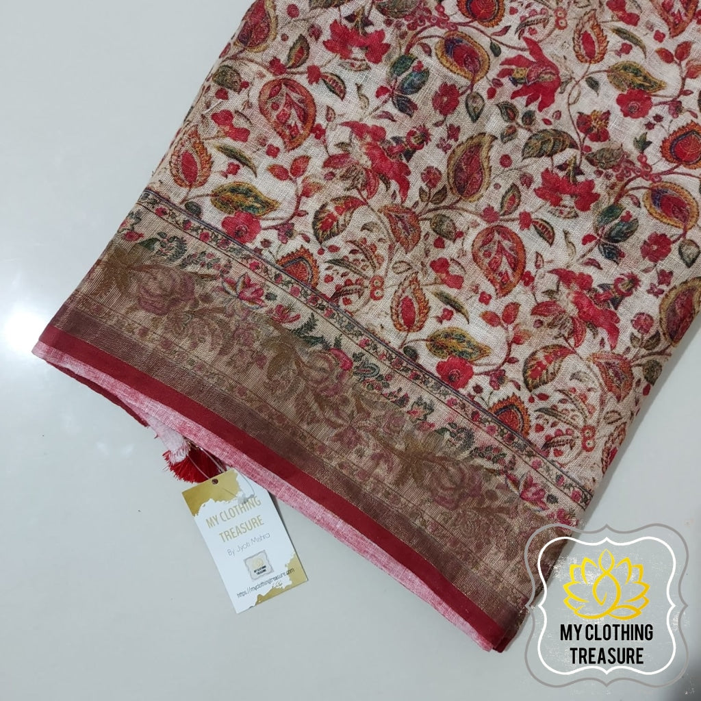 Pure Linen Kalamkari Saree In Soft Beige