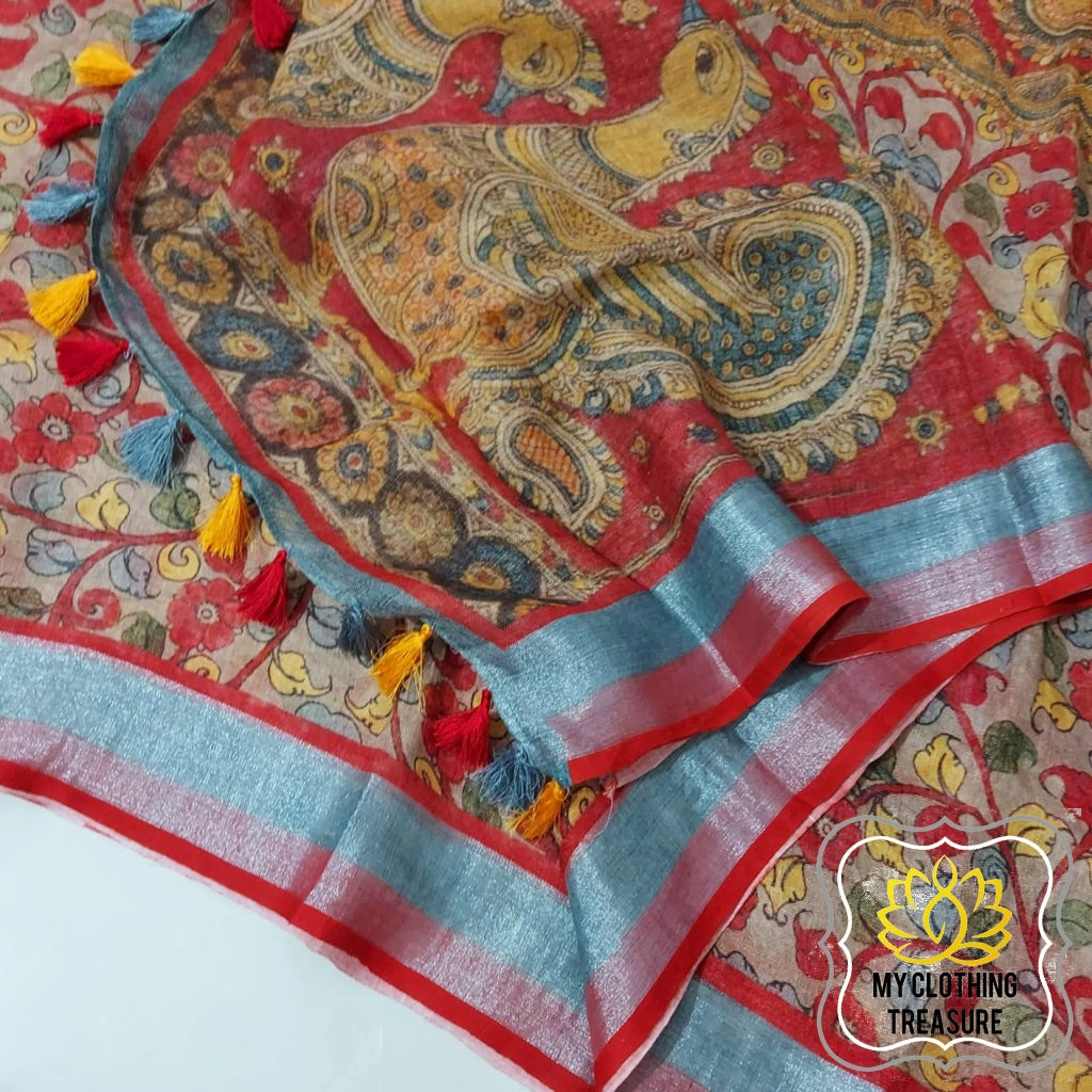 Pure Linen Kalamkari Saree In Soft Brown