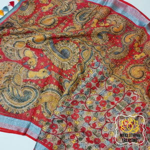 Pure Linen Kalamkari Saree In Soft Brown