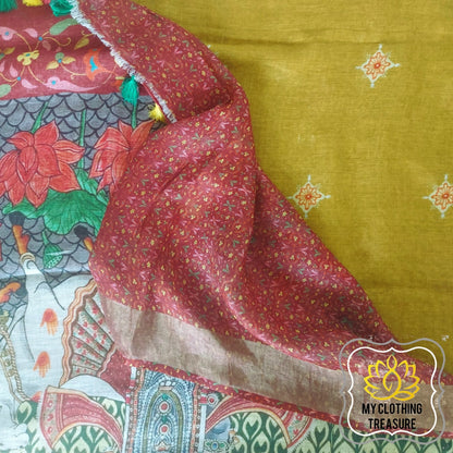 Pure Linen Saree With Digital Print- Lime Yellow