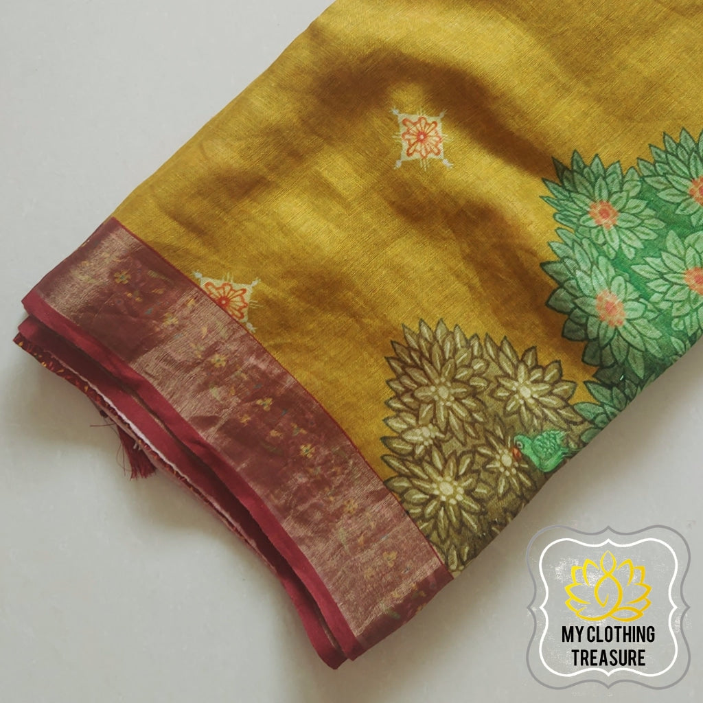 Pure Linen Saree With Digital Print- Lime Yellow