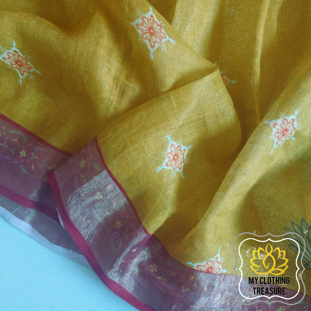 Pure Linen Saree With Digital Print- Lime Yellow