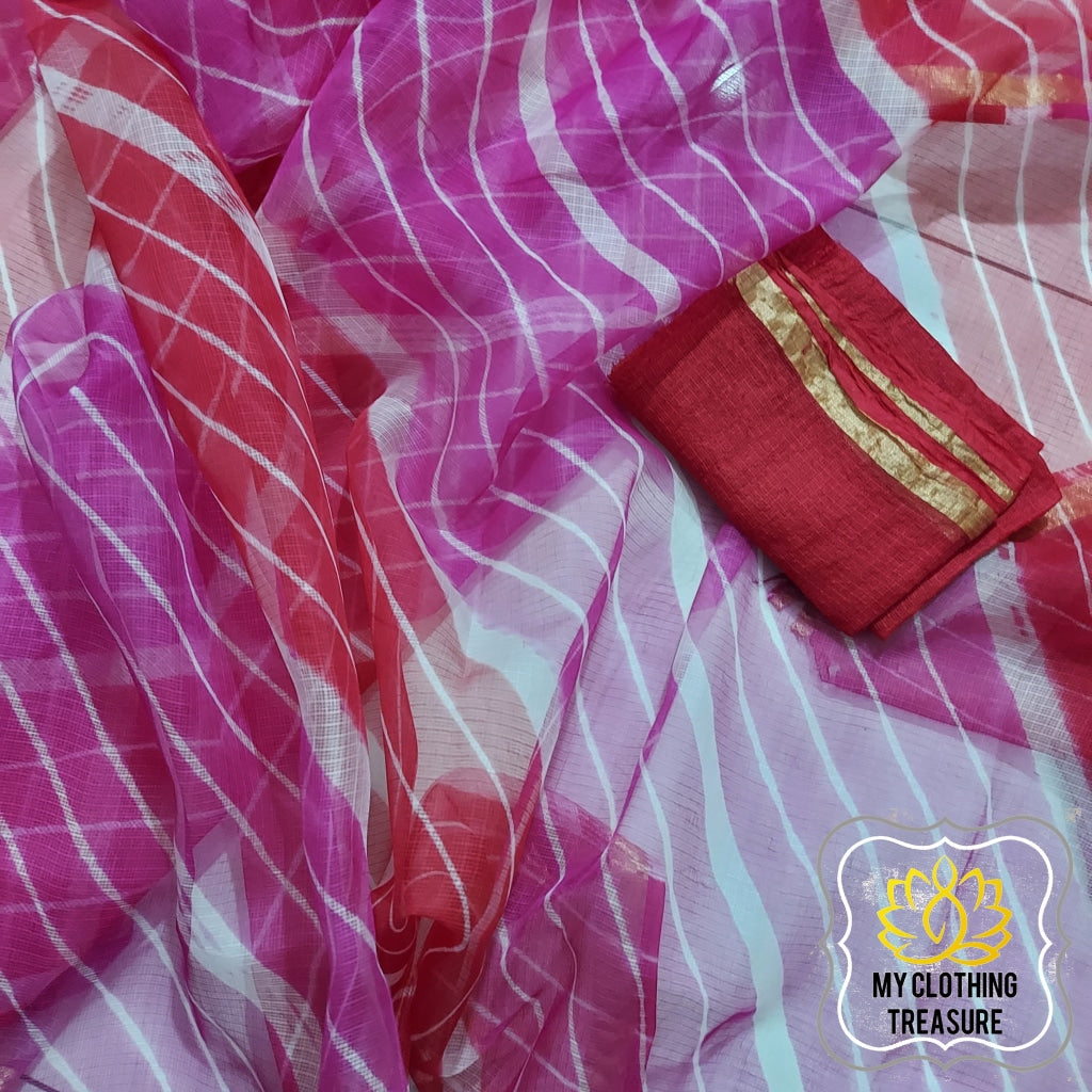 Pure Silk Kota Leheriya Saree- Pink And Red Saree