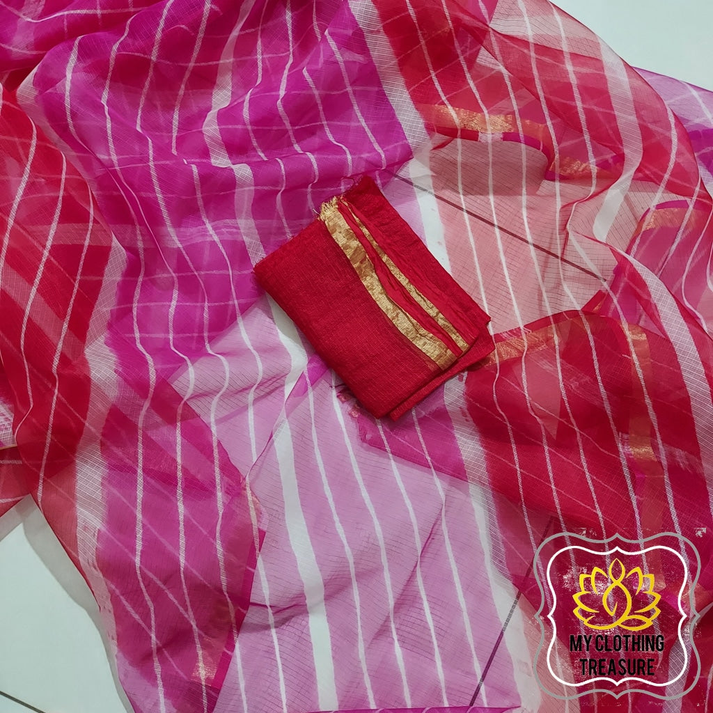 Pure Silk Kota Leheriya Saree- Pink And Red Saree