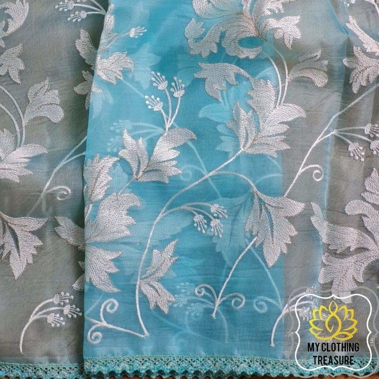 Velvet Leaves On Organza- Blue Saree