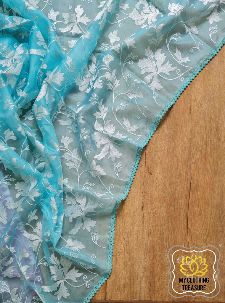 Velvet Leaves On Organza- Blue Saree