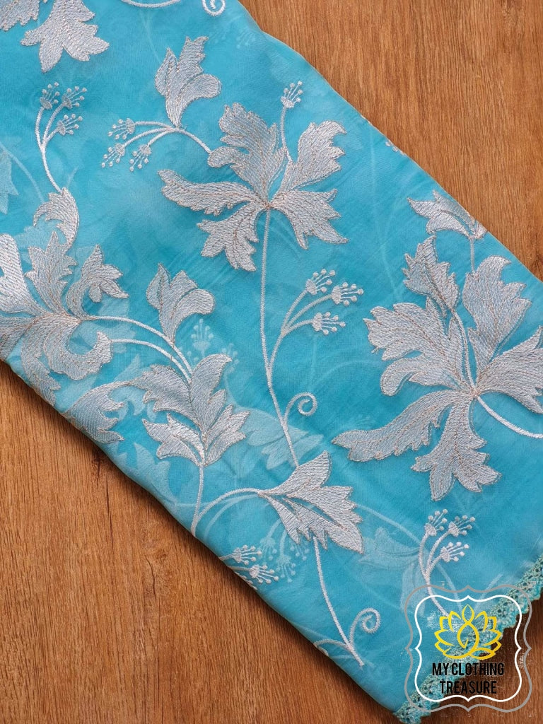 Velvet Leaves On Organza- Blue Saree