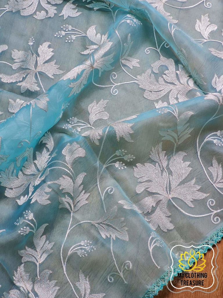 Velvet Leaves On Organza- Blue Saree