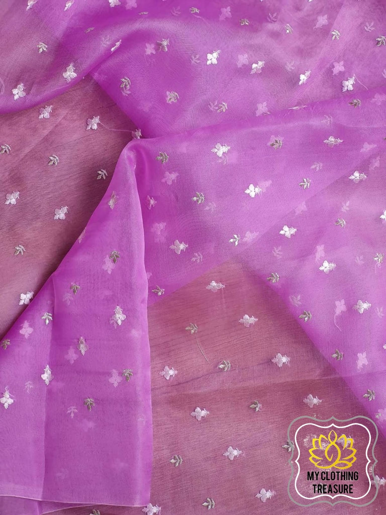 Velvet Leaves On Organza- Lavender Saree