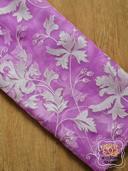 Velvet Leaves On Organza- Lavender Saree