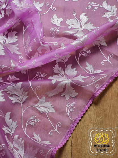 Velvet Leaves On Organza- Lavender Saree