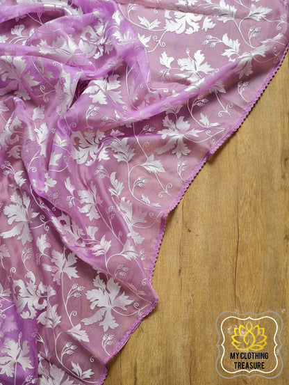 Velvet Leaves On Organza- Lavender Saree