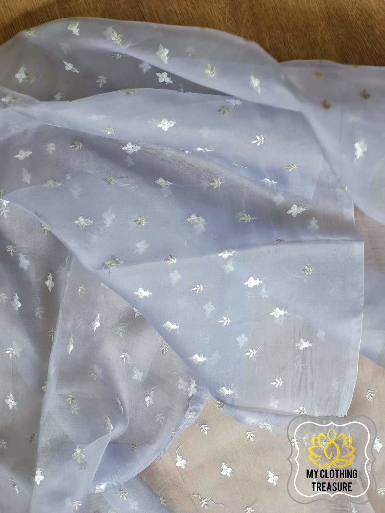 Velvet Leaves On Organza- Lilac Grey Saree