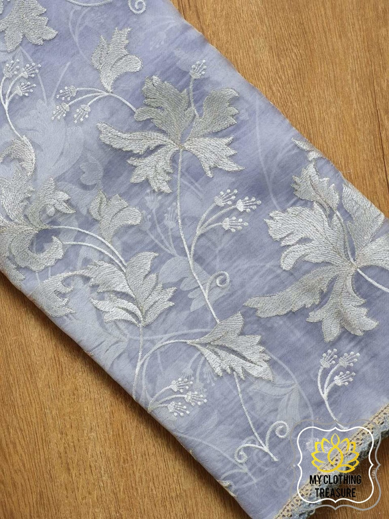 Velvet Leaves On Organza- Lilac Grey Saree