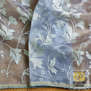 Velvet Leaves On Organza- Lilac Grey Saree