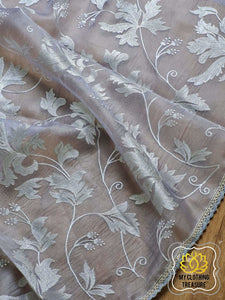 Velvet Leaves On Organza- Lilac Grey Saree