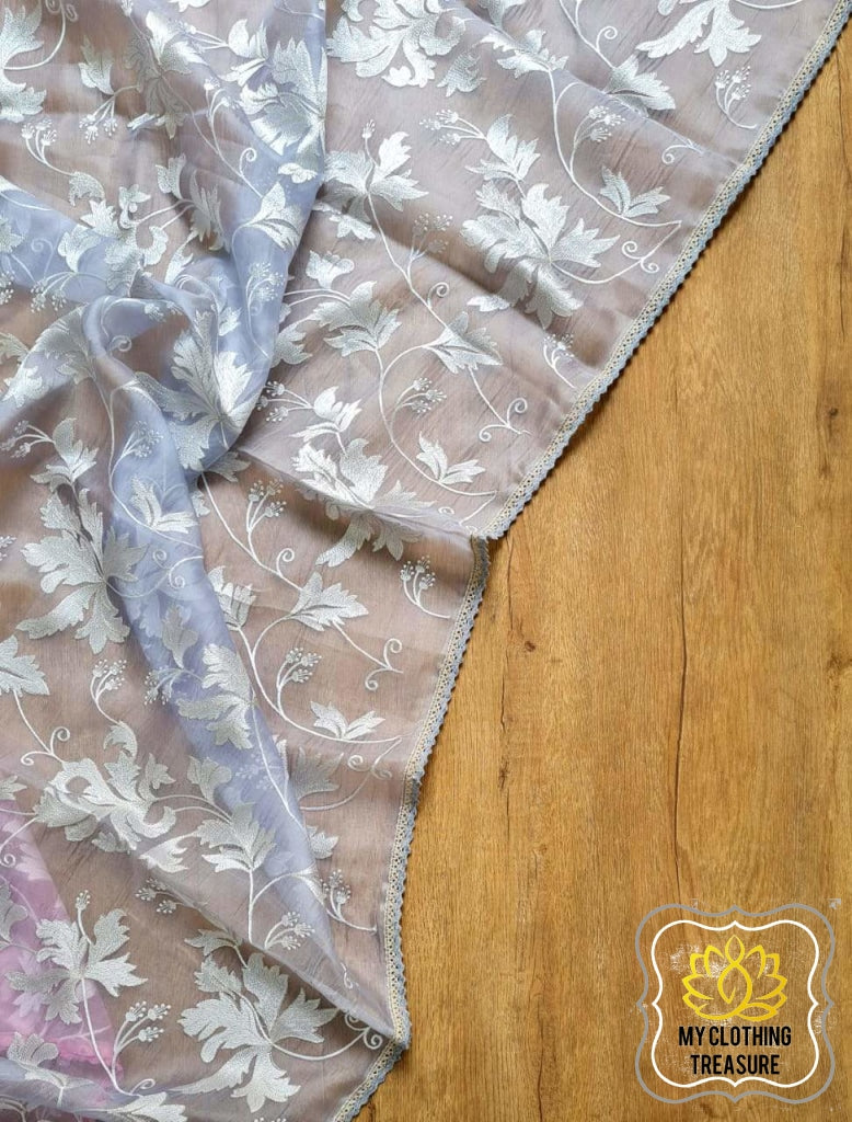 Velvet Leaves On Organza- Lilac Grey Saree