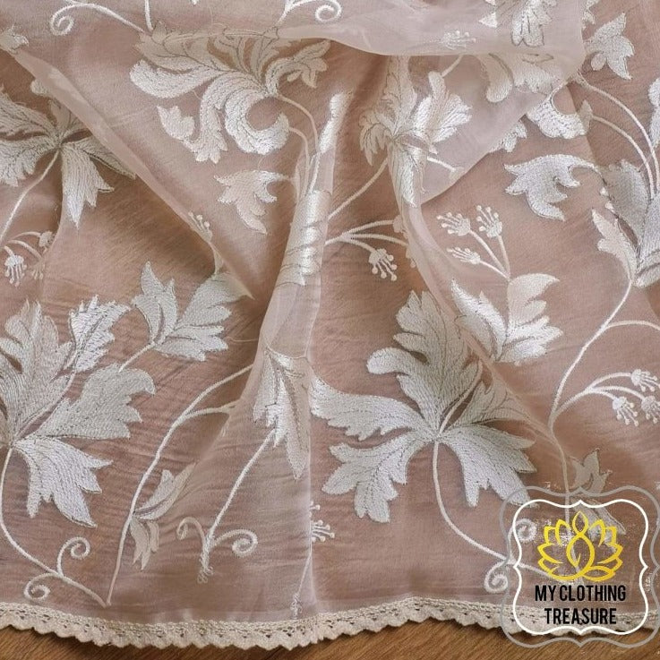 Velvet Leaves On Organza- Off White Saree