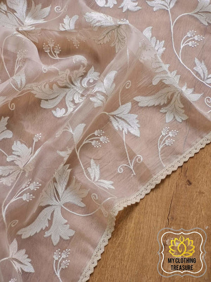 Velvet Leaves On Organza- Off White Saree