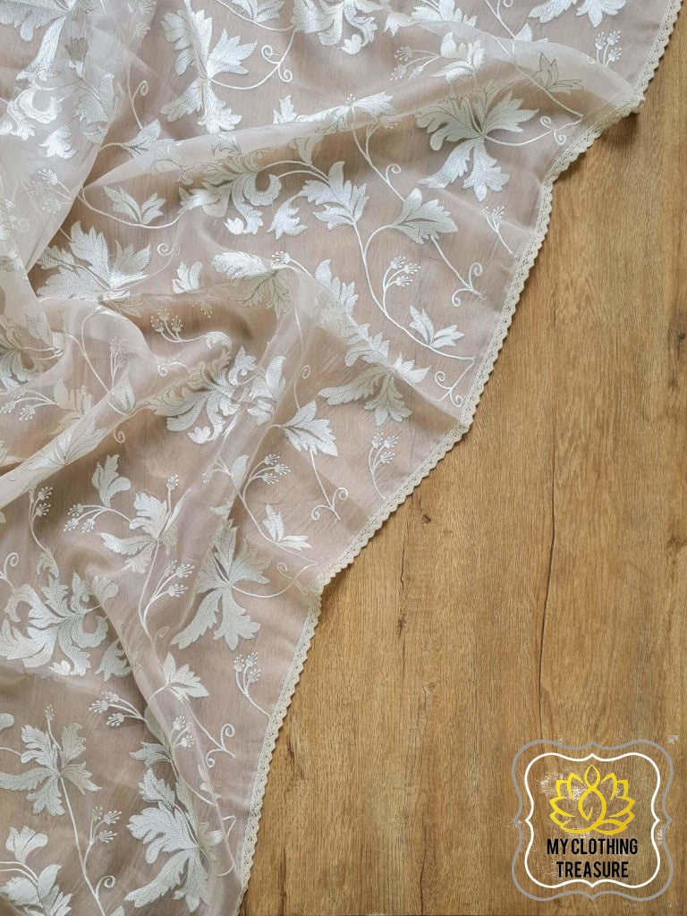 Velvet Leaves On Organza- Off White Saree