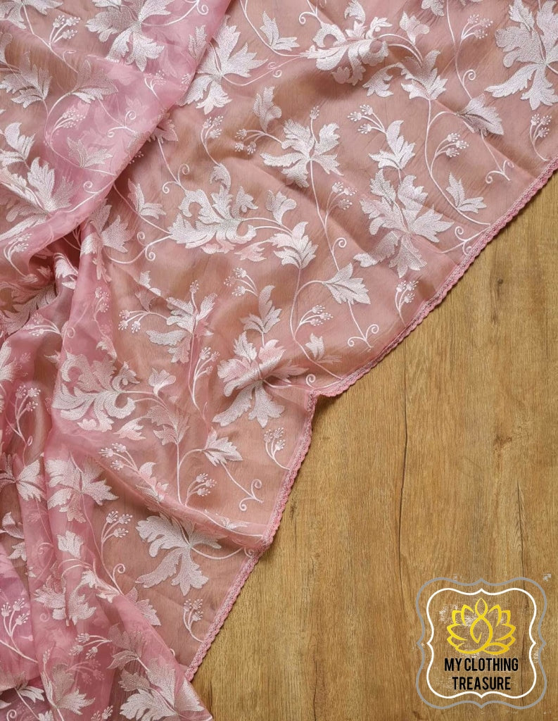 Velvet Leaves On Organza- Peach Saree