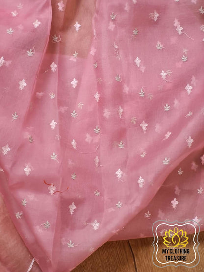 Velvet Leaves On Organza- Peach Saree