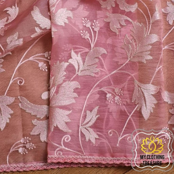 Velvet Leaves On Organza- Peach Saree