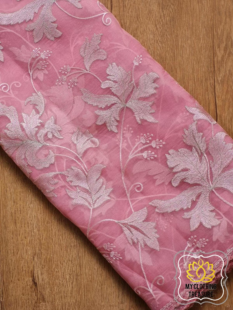 Velvet Leaves On Organza- Peach Saree