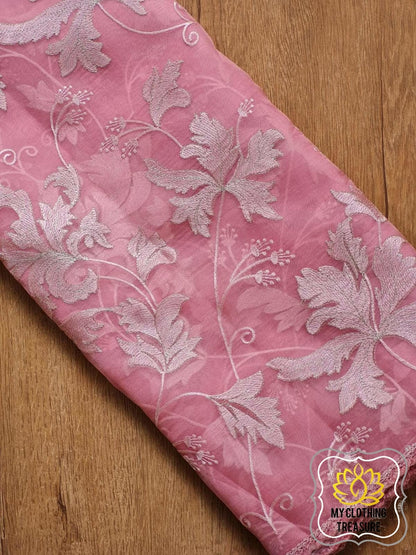 Velvet Leaves On Organza- Peach Saree