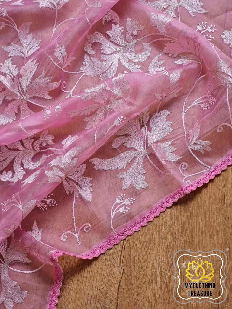 Velvet Leaves On Organza- Pink Saree