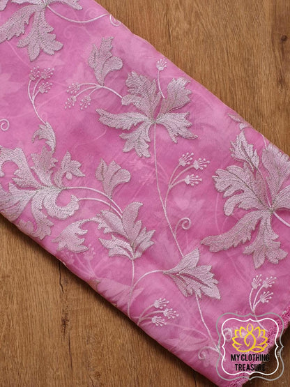 Velvet Leaves On Organza- Pink Saree