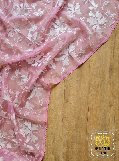 Velvet Leaves On Organza- Pink Saree