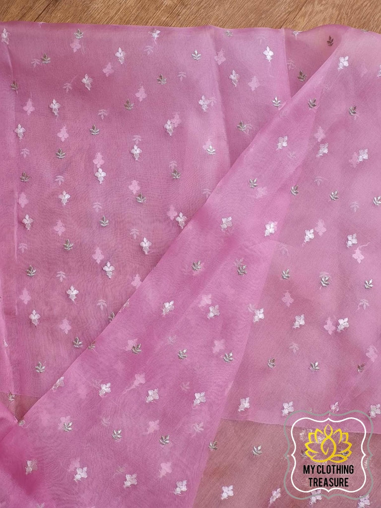 Velvet Leaves On Organza- Pink Saree