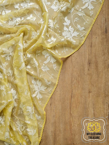 Velvet Leaves On Organza- Yellow Saree