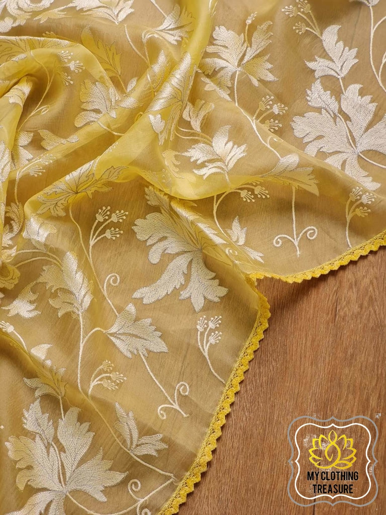 Velvet Leaves On Organza- Yellow Saree