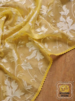 Load image into Gallery viewer, Velvet Leaves On Organza- Yellow Saree
