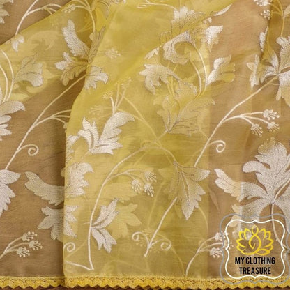 Velvet Leaves On Organza- Yellow Saree